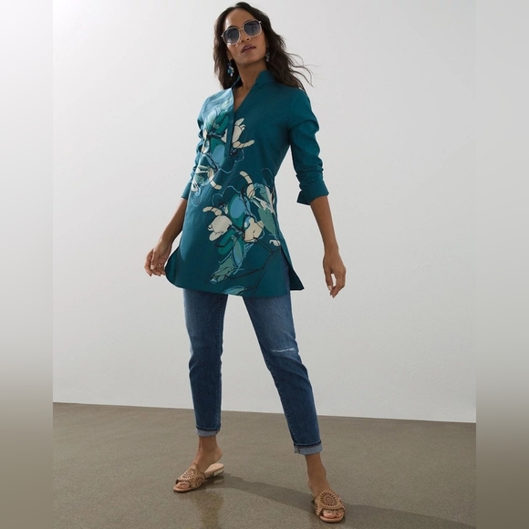 NWT Chico's size 2 (US 12) No-Iron Stretch Wildflower Print Tunic - Picture 3 of 11